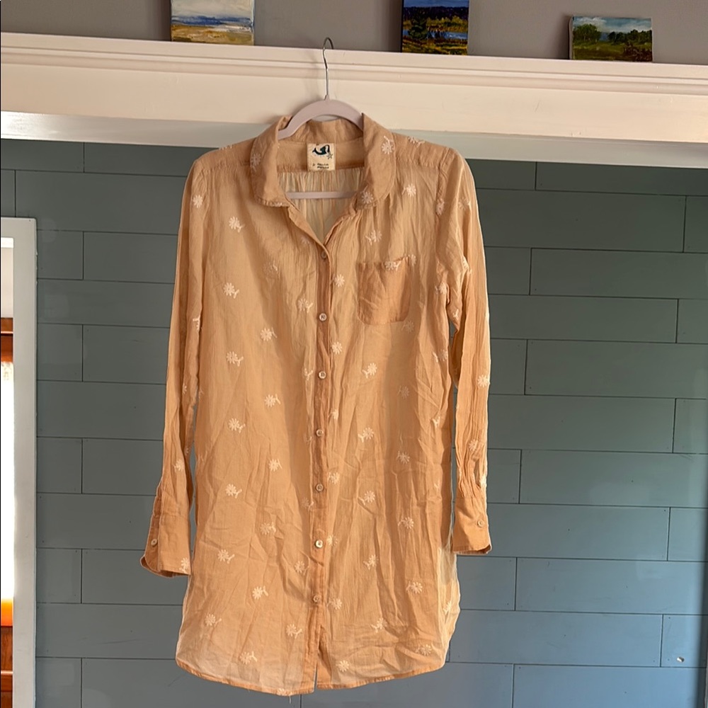 Anthropologie Mermaid Tan Button-Up Tunic‎ with Floral Pattern